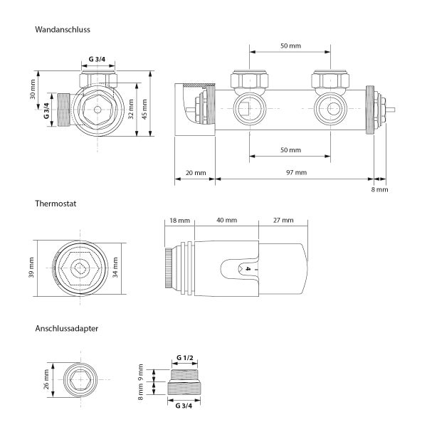ECD Germany Stella Design Paneelheizkörper Mittelanschluss 480 x 1600 mm Weiß mit Anschlussgarnitur inkl. Thermostat Eck Wand Weiß - Flach Einlagig Vertikal - Heizkörper Badheizkörper Heizung