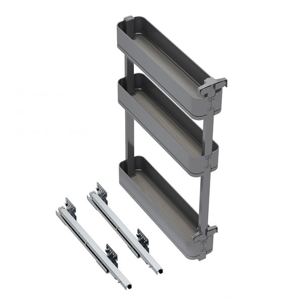 Dreistöckiger Küchen-Auszug mit Teleskopschienen für Unterschränke, Metallgestell mit Ablageböden in Holzoptik.