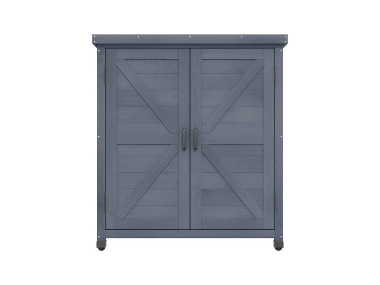 Blauer Gartenschrank aus Holz mit zwei Türen, Kreuzstreben und Griffen.