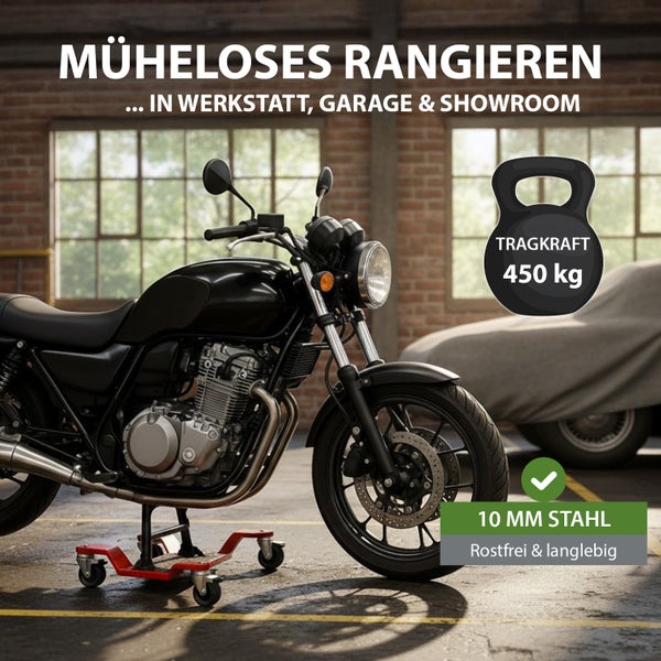 Motorrad auf einer Rangierhilfe in Werkstatt oder Garage, Tragkraft 450 Kilogramm, aus 10 Millimeter Stahl, rostfrei und langlebig