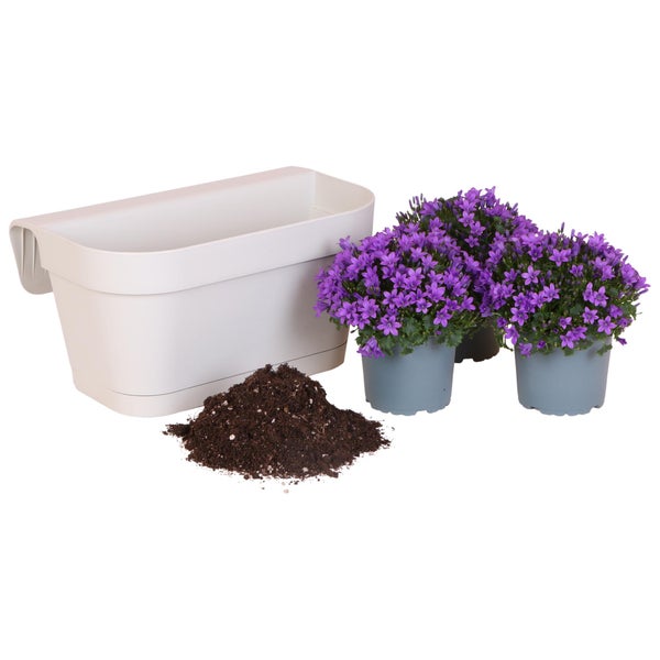 Weißer Balkonhängetopf aus Kunststoff zur Geländerbefestigung mit violetten Glockenblumen.