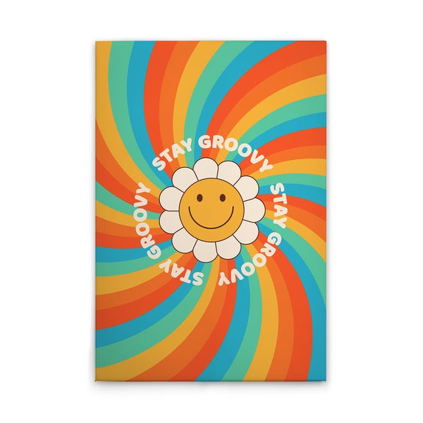 Dekoration mit dem Aufdruck Stay Groovy und einer lächelnden Blume