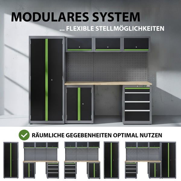 Modulares Werkstattsystem mit Werkbank, Schränken und Lochwand