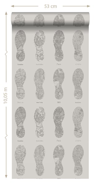 Tapetenrolle mit Stadtplan-Motiven in Schuhabdruckform, 53 cm breit und 10,05 m lang