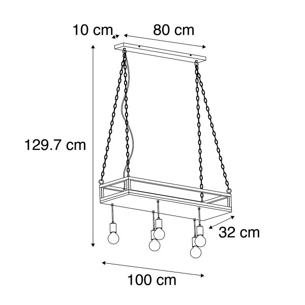 Technische Zeichnung einer Hängeleuchte mit den Maßen 10 x 80 x 129,7 cm (oben) und 32 x 100 cm (unten)