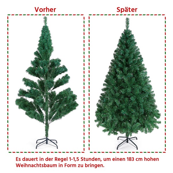 Vorher und Nachher Ansicht eines 183 Zentimeter hohen künstlichen Weihnachtsbaums.