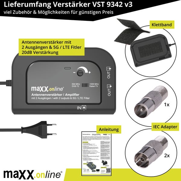 Lieferumfang Antennenverstärker mit zwei Ausgängen, Klettband, IEC Adapter und Bedienungsanleitung