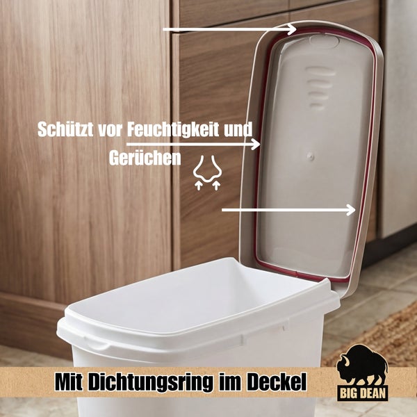 Kunststoff Mülleimer mit Dichtungsring im Deckel schützt vor Feuchtigkeit und Gerüchen Big Dean Logo