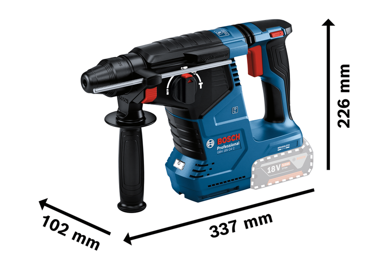 Bosch Professional Akku-Bohrhammer GBH 18V-24 C mit Maßen: Höhe 226 Millimeter, Länge 337 Millimeter, Breite 102 Millimeter.