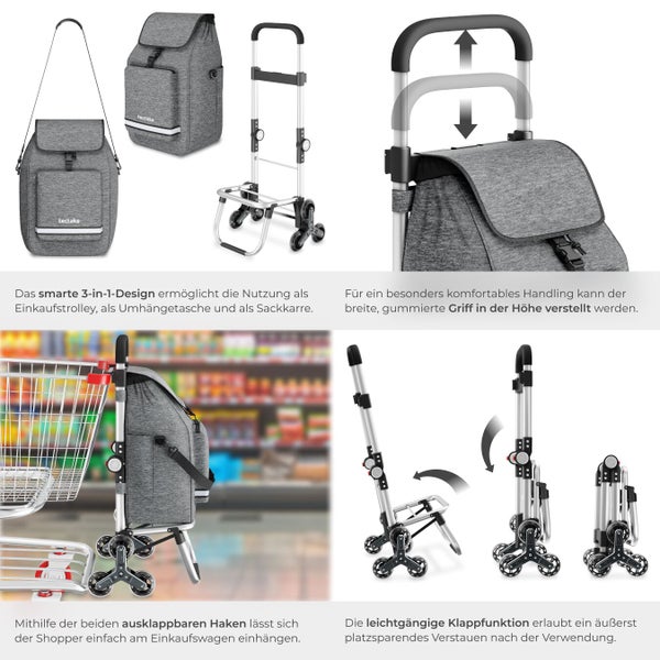 Einkaufstrolley mit Tasche, Umhängetasche und Sackkarre in einem