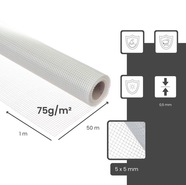 Glasfasergewebe Rolle, 75 Gramm pro Quadratmeter, 1 Meter mal 50 Meter, Maschenweite 5 mal 5 Millimeter, Materialdicke 0,5 Millimeter.