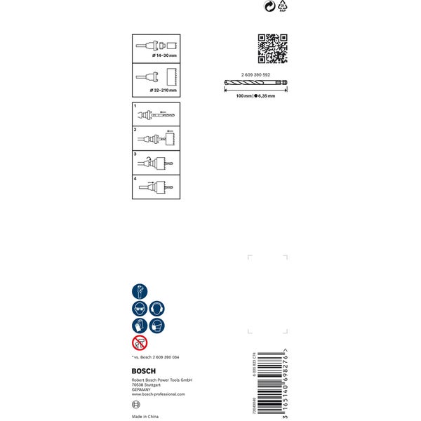 Technische Zeichnung eines Bohrers mit Maßangaben und Sicherheitshinweisen.