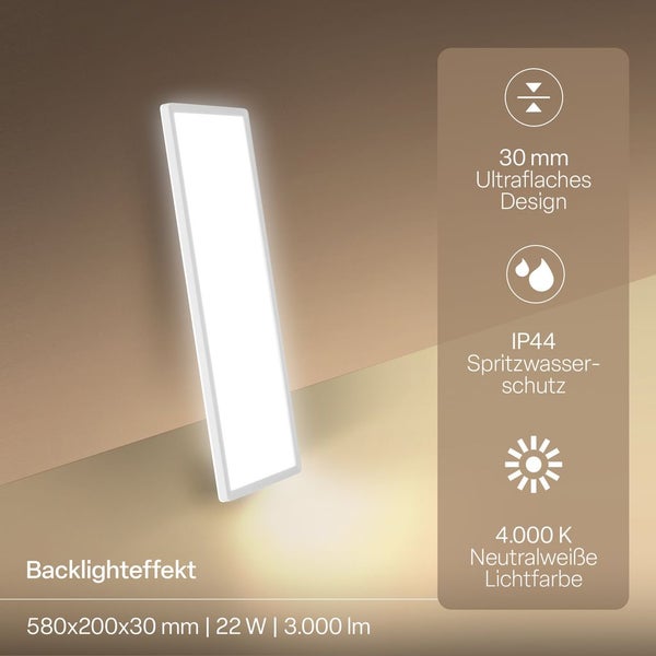 Rechteckiges LED Panel mit Backlighteffekt, 30 Millimeter flach, IP44 Spritzwasserschutz, 4000 Kelvin neutralweiß, 22 Watt.