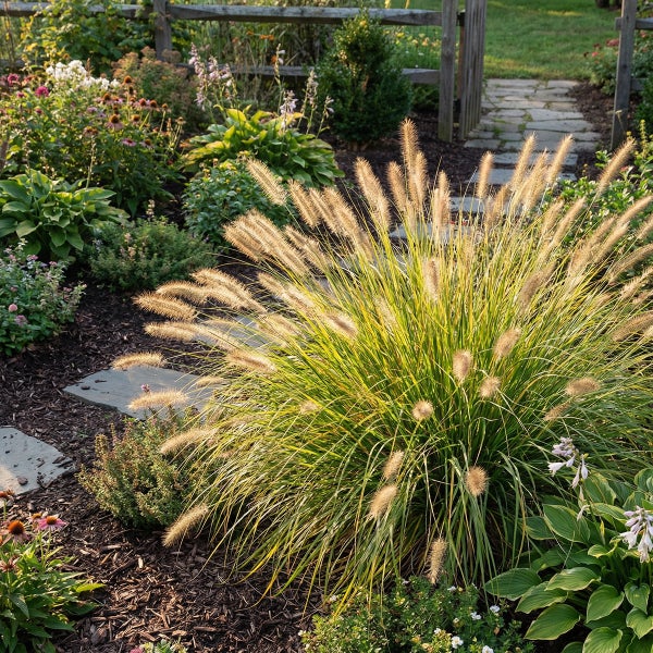Blühendes Lampenputzergras in einem Gartenbeet mit Rindenmulch, Trittsteinen aus Naturstein und verschiedenen Stauden.