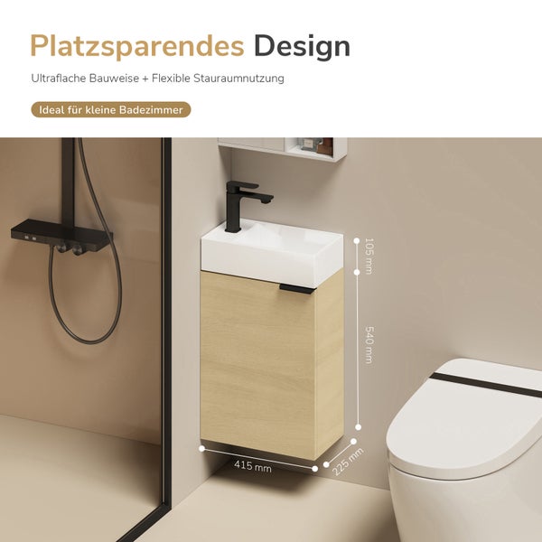 Platzsparender Waschtisch mit Unterschrank in Holzoptik inklusive Maßen für kleine Badezimmer.