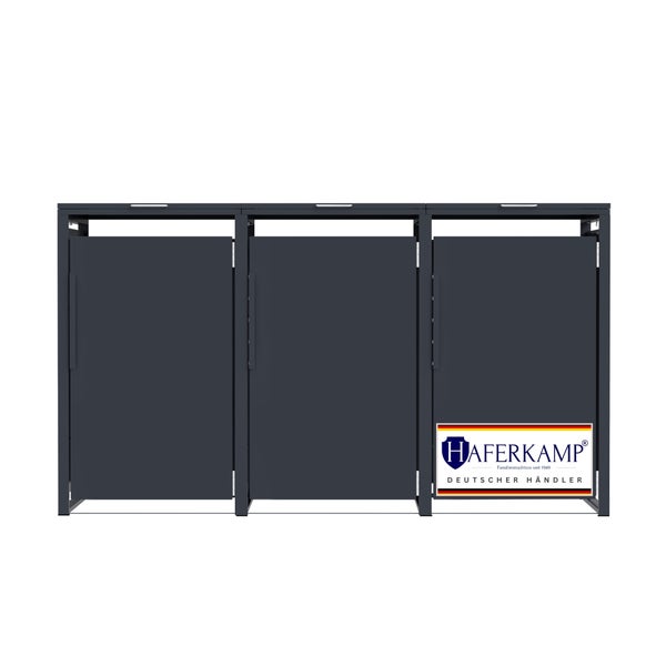 Mülltonnenbox für drei Mülltonnen aus Metall mit Haferkamp Logo