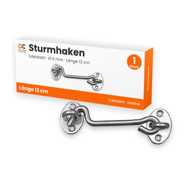 Sturmhaken aus Edelstahl, 6 Millimeter Durchmesser und 12 Zentimeter Länge, inklusive Verpackung.