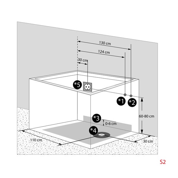 Technische Zeichnung einer Dusche mit Maßangaben zu Einbau und Installation.
