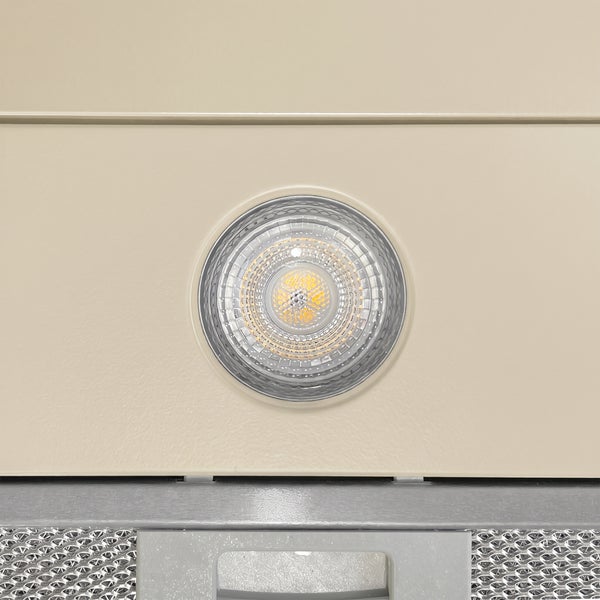 Detailansicht einer runden LED Leuchte an einer Dunstabzugshaube