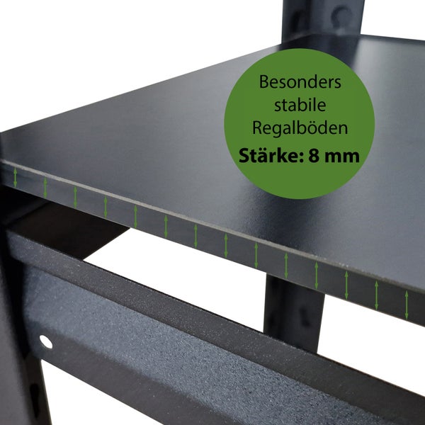 Detailaufnahme eines Regals mit besonders stabilen Regalböden, Stärke: 8 mm.