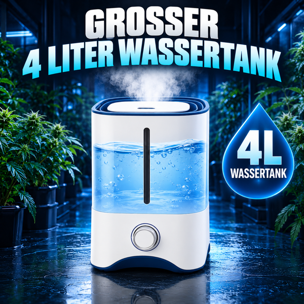 Luftbefeuchter mit vier Liter Wassertank und Dampfausstoß in einer Pflanzumgebung.
