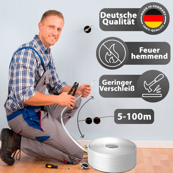 Elektriker verlegt weißes Installationskabel. Symbole für deutsche Qualität, feuerhemmend, verschleißarm und Längen von fünf bis einhundert Meter.