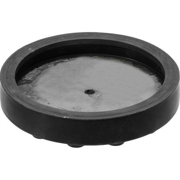 Runder schwarzer Gummifuß mit einem Loch in der Mitte und Noppen auf der Unterseite.