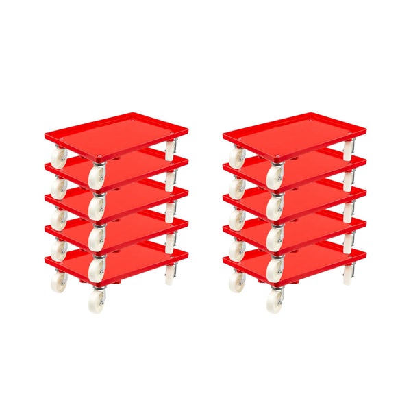 PROREGAL SparSet 10x Transportroller für Euroboxen 60 x 40 cm mit Kunststoffräder Rot Geschlossenes Deck 4 Lenkrollen Traglast 300 kg