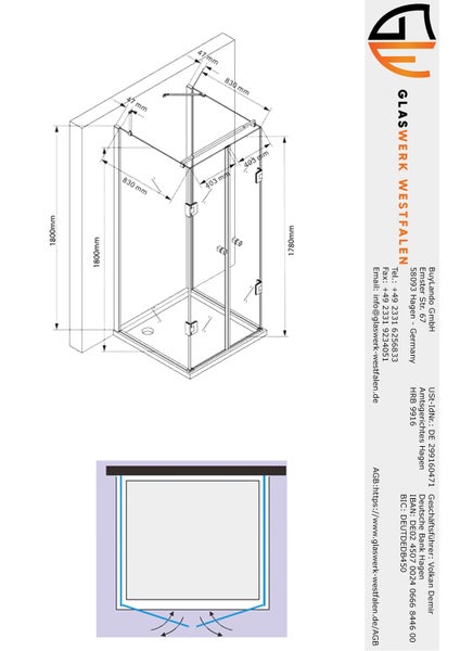 Technische Zeichnung einer Duschkabine mit Maßangaben