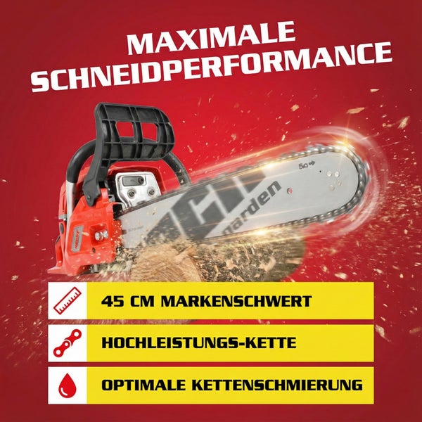 Benzin Kettensäge mit 45 Zentimeter Markenschwert, Hochleistungskette und optimaler Kettenschmierung