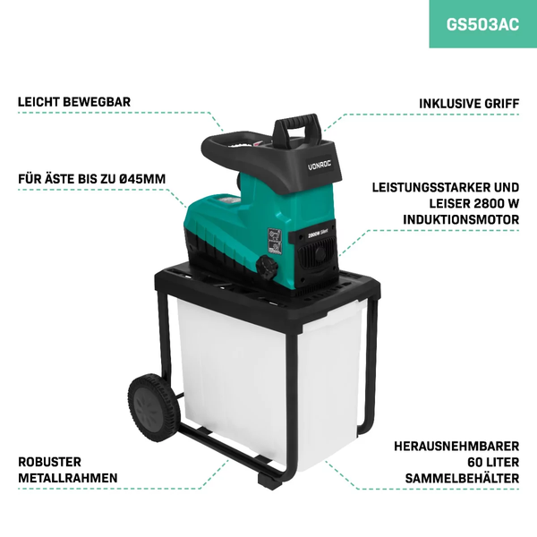 VONROC Gartenhäcksler elektrisch 2800W - Walzenhäcksler für Äste bis zu Ø45mm - Leise & Robust - Häcksler Maschine für Gartenabfälle inkl 60L Auffangsack