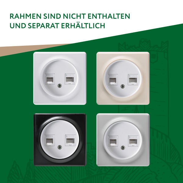Vier verschiedene Unterputz Doppelnetzwerkdosen ohne Rahmen, Rahmen sind separat erhältlich.