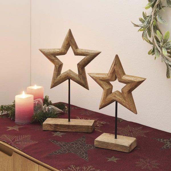 FRANK FLECHTWAREN | Weihnachtsdeko Stern, 2er Set, 16 x 5 x 25 cm, 20 x 5 x 31 cm, MANGOHOLZ, METALL