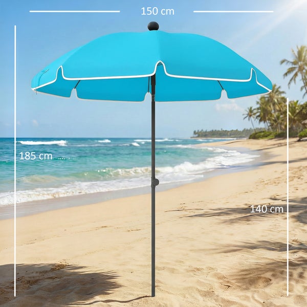 Blauer Sonnenschirm mit weißem Rand am Strand, Durchmesser 150 Zentimeter, Gesamthöhe 185 Zentimeter, Durchgangshöhe 140 Zentimeter.