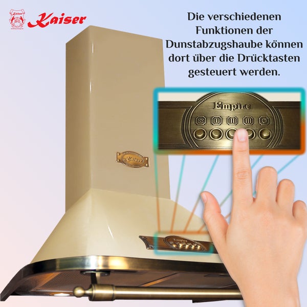 Kaiser Dunstabzugshaube im Empire-Stil mit Drucktasten für verschiedene Funktionen. Kaiser Logo.