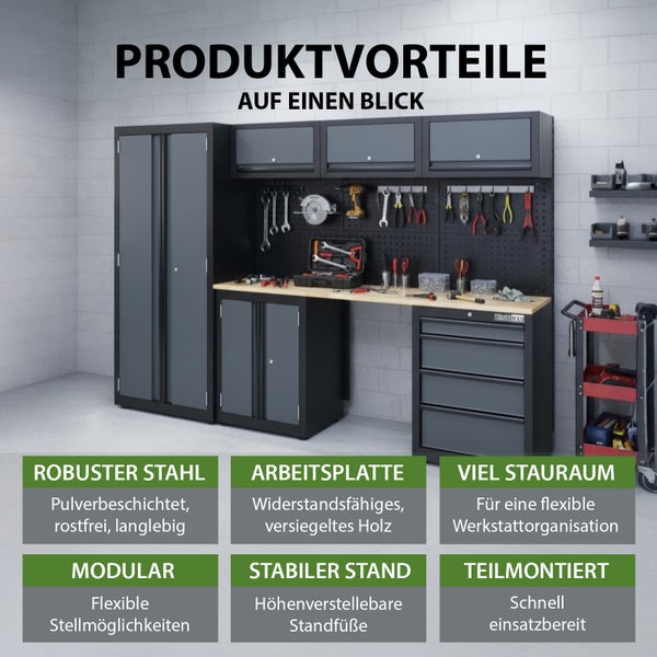 Werkstatteinrichtung mit Werkbank, Werkzeugwand, Hängeschränken und Werkzeugschrank für Werkstattorganisation