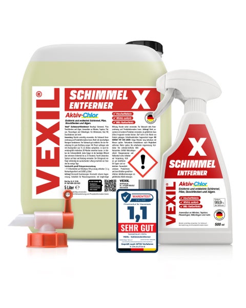 Vexil Schimmelentferner Set bestehend aus 5 Liter Kanister mit Auslaufhahn und 500 Milliliter Sprühflasche zur Beseitigung von Schimmel und Algen.