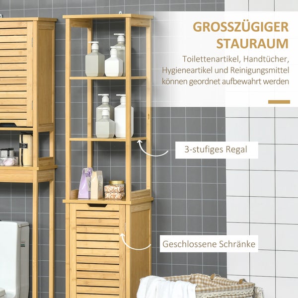 kleankin Badezimmerschrank Badschrank mit 3 offenen Fächer und 1 Schrank, Badmöbel Freistehender Hochschrank für Badezimmer, kleine Räume, Natur 34 x 30 x 173 cm