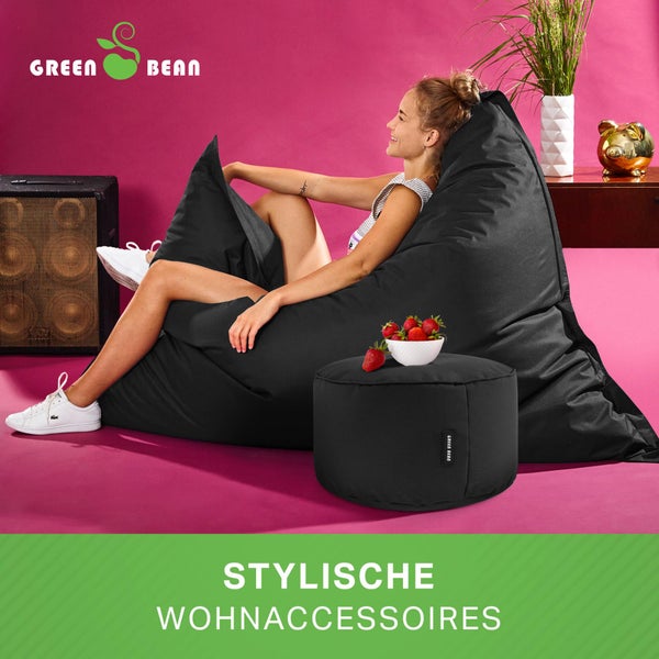 Green Bean 2er Set XXL Sitzsack inkl. Pouf fertig befüllt mit EPS-Perlen - Riesensitzsack 140x180 Lounge Sitz-Kissen Bean-Bag Chair  - Schwarz