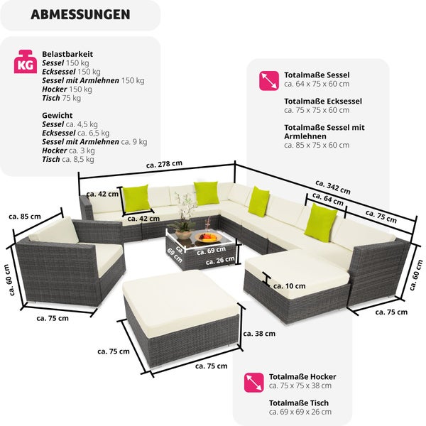 Rattan Lounge tectake Las Vegas mit Sicherheitsglasplatte mit Aluminiumgestell grau