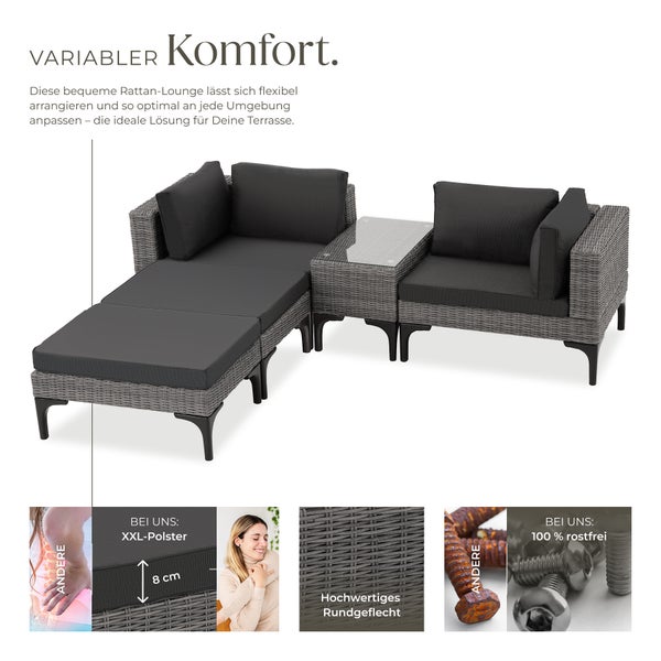 Rattan Lounge tectake Bellaria mit Sicherheitsglasplatte mit Aluminiumgestell grau