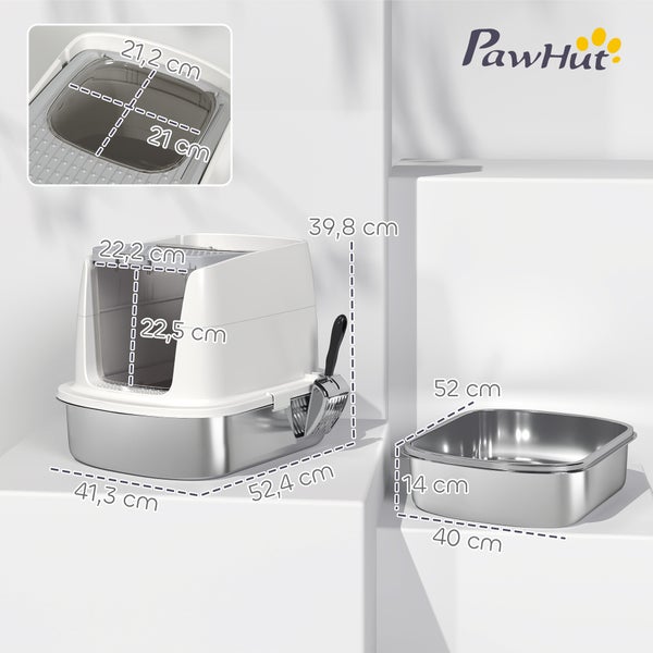 PawHut Katzentoilette mit Edelstahlwanne, Schaufel und Haube. Maße 41,3 mal 52,4 mal 39,8 Zentimeter. PawHut Logo.
