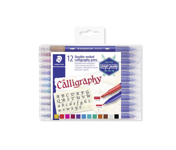 Staedtler Doppelfasermaler Kalligraphie, 12 Stück in transparenter Kunststoffbox, Spitzenbreiten circa 2,0 Millimeter und 3,5 Millimeter.