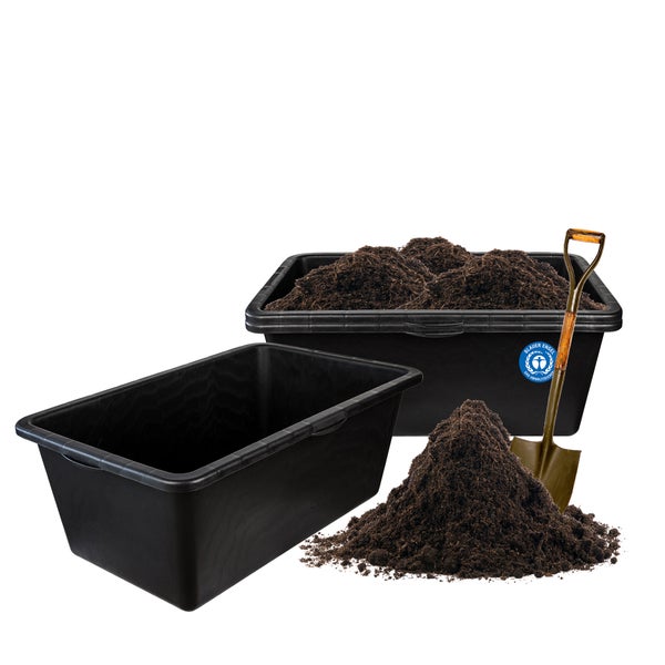Abbildung einer schwarzen Mörtelwanne mit dem Blauer Engel Siegel, Hinweis auf recyceltes Material und Made in Germany sowie Big Dean Logo.