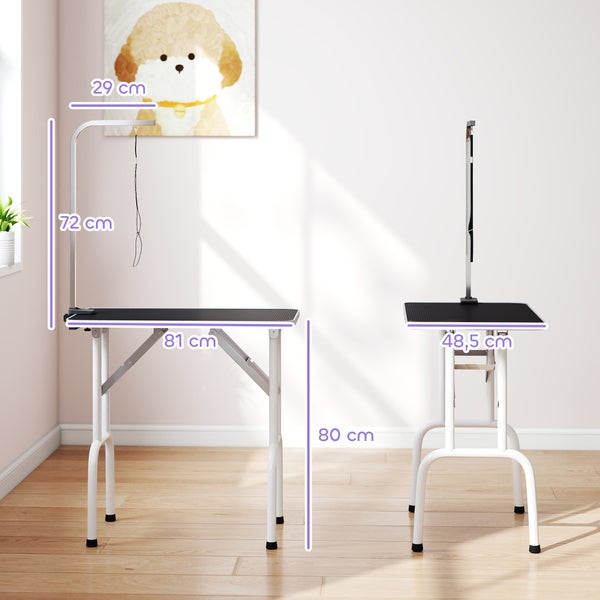 Hundetrimmtisch in Weiß und Schwarz mit Galgen, Höhe 80 Zentimeter, Breite 81 Zentimeter, Tiefe 48,5 Zentimeter, Galgenhöhe 72 Zentimeter.