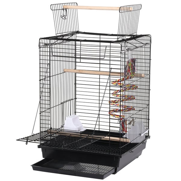 Vogelkäfig mit Sitzstangen, Futterspender und Spielzeug