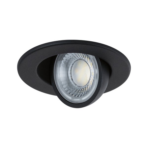 Schwenkbarer runder LED-Einbaustrahler aus Metall in Schwarz.
