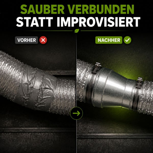 Vergleich einer Lüftungsrohrverbindung: links improvisiert mit Klebeband, rechts fachgerecht mit Rohrverbinder und Schlauchschellen.