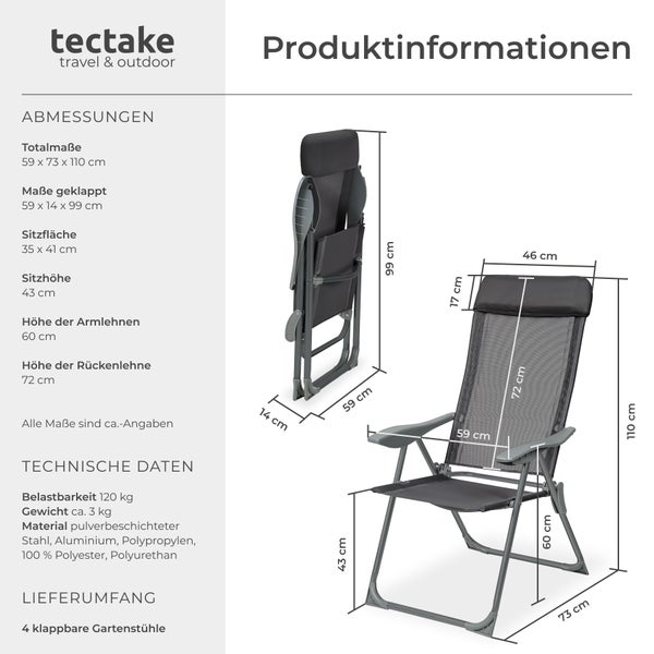 4er Set Gartenstuhl tectake Maurine 73 x 59 x 110 cm klappbar anthrazit