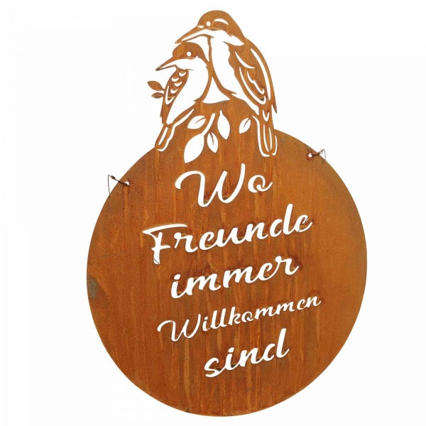Dekoratives Gartenschild aus Metall mit der Aufschrift: Wo Freunde immer willkommen sind.